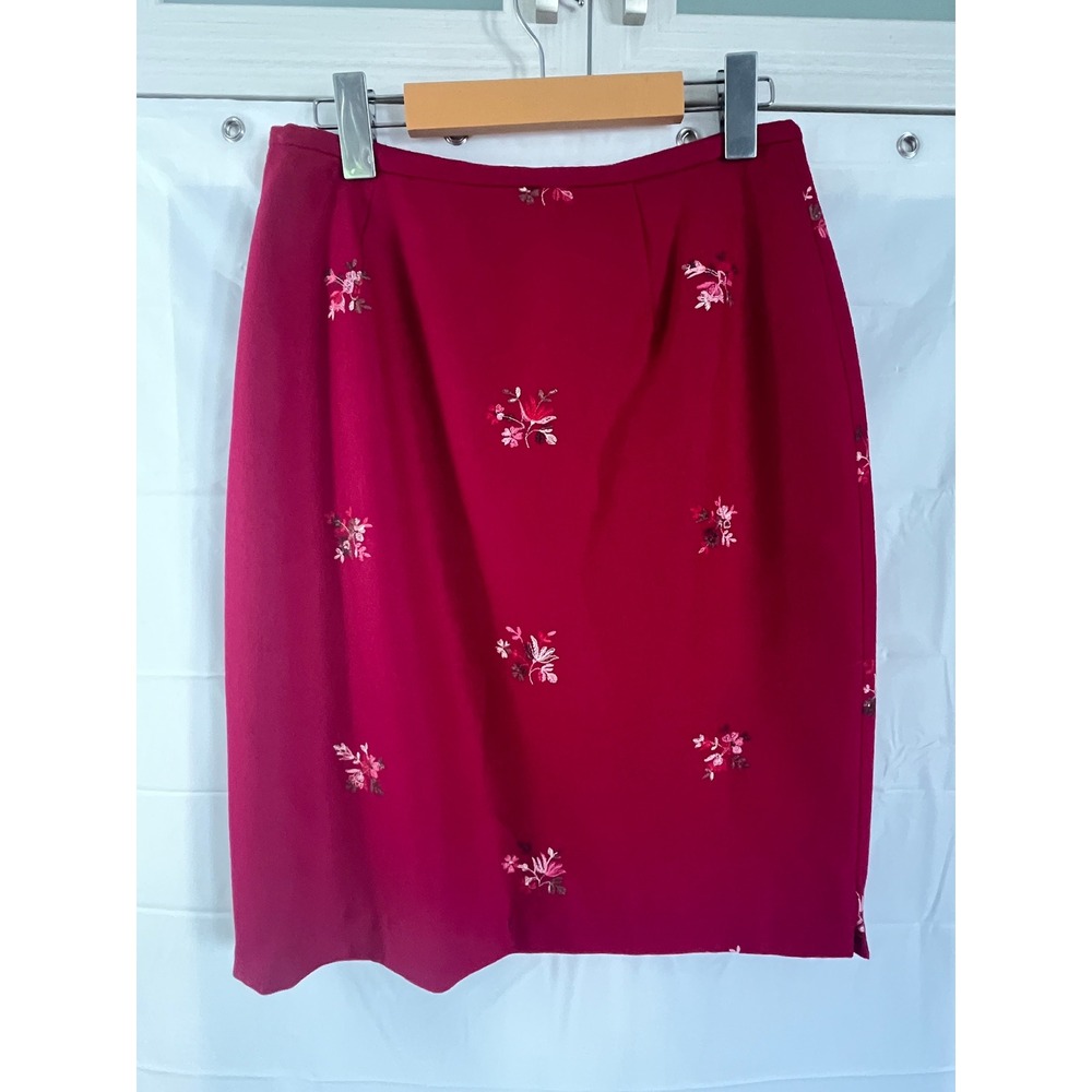 Tracy Reese Magenta Pink 100% Wool Floral Embroidered Pencil Skirt Size M USA